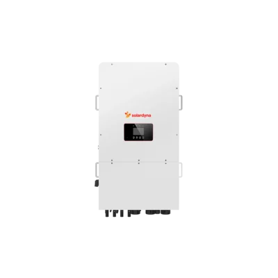 SolarDyna three phase high voltage hybrid solar inverter front view with LCD display and two-section enclosure design