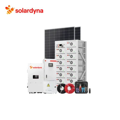 150kW 430kWh commercial energy storage system including high-voltage stacked battery, three-phase inverter, 610W mono solar panels and PV combiner box