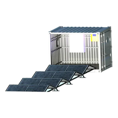 20kW Rail-Type Mobile Solar PV Container in folded state on trailer, containerized modular solar solution for temporary and remote power deployment