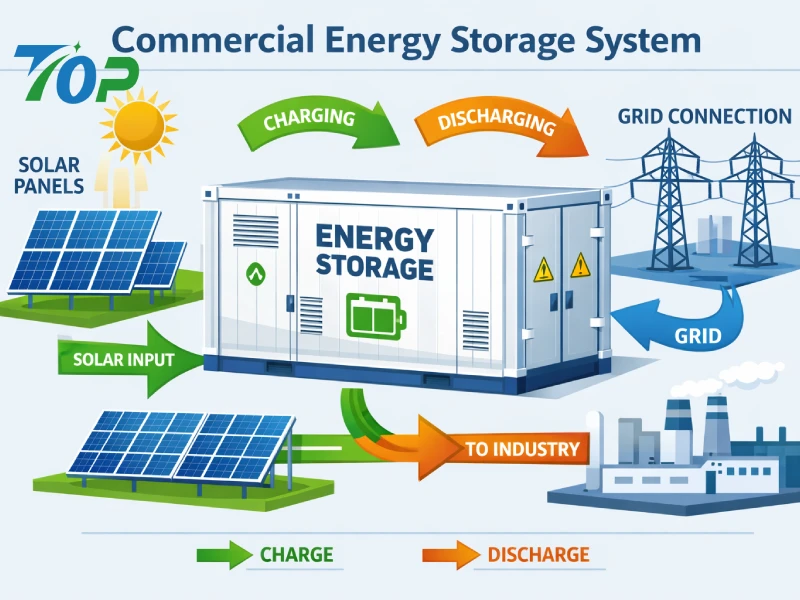 Diagram showing how a commercial energy storage battery stores and discharges energy, including solar input, grid connection, and industrial load