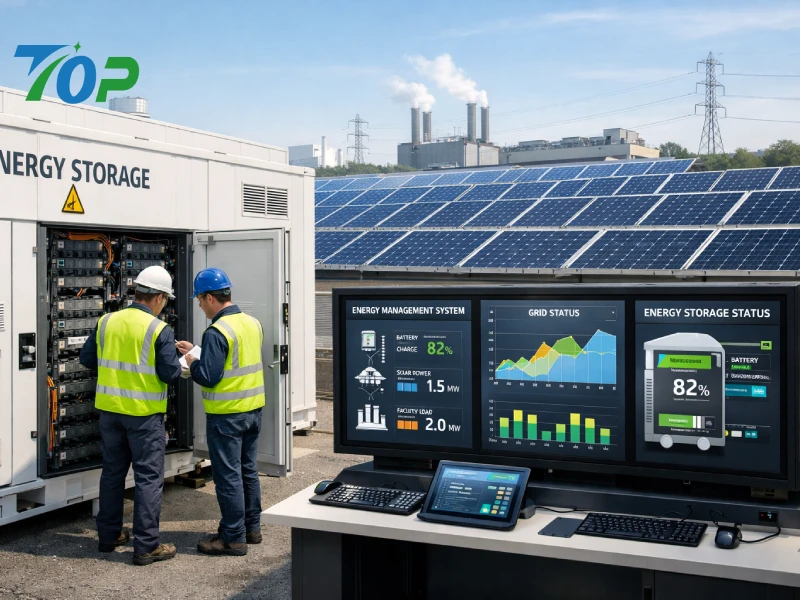 Industrial energy storage battery installation with commercial solar panels, representing B2B energy storage solutions and backup power