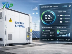 Commercial energy storage battery system for B2B businesses, showing industrial-scale BESS with solar integration and smart management