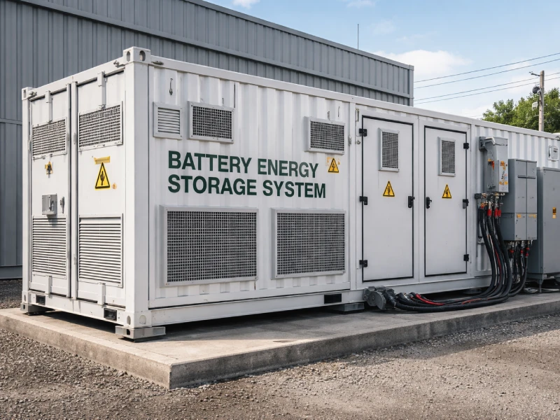 Architecture of a commercial off-grid solar system including solar panels, inverter, battery storage, and power distribution