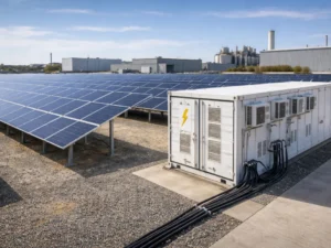 Commercial off-grid solar system powering an industrial facility with solar panels and battery storage in a remote location