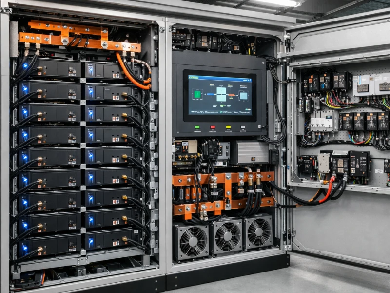 Interior of industrial battery energy storage cabinet with inverter and EMS control system