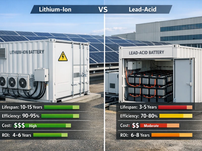 Comparison of lithium-ion and lead-acid batteries with efficiency, lifespan, and cost metrics for commercial solar projects
