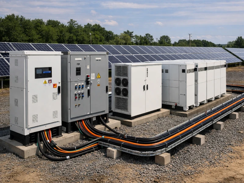 Architecture of a commercial off-grid solar system including solar panels, inverter, battery storage, and power distribution
