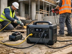Portable power station for business powering tools on a construction site with workers