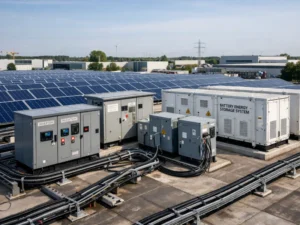 Industrial solar inverter and battery storage system with photovoltaic panels in EPC project site