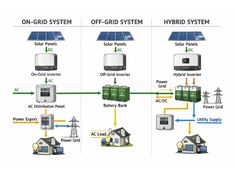 Comparison of on-grid off-grid and hybrid solar inverter system architecture diagram