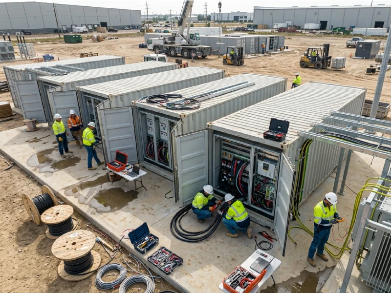 engineers installing utility scale battery energy storage system