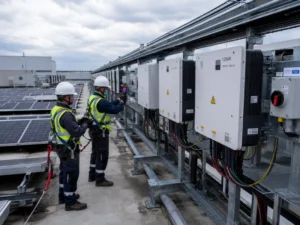 Commercial rooftop solar inverter system converting photovoltaic power in industrial warehouse installation