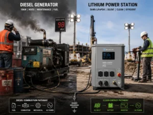 Side-by-side industrial comparison of diesel generator and portable lithium power station powering same equipment in construction site