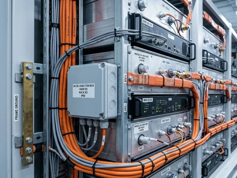 Internal battery rack structure of BESS showing LiFePO4 modules and BMS wiring in industrial environment