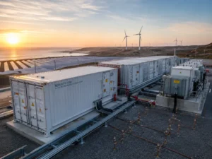 Battery energy storage system in coastal industrial solar project with containerized BESS and grid integration