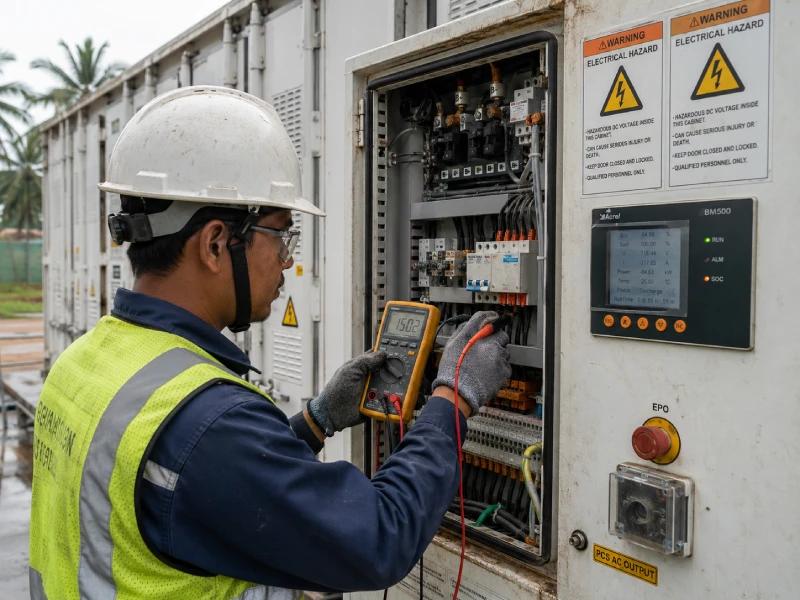 Technician inspecting battery energy storage system with multimeter in real industrial maintenance scenario