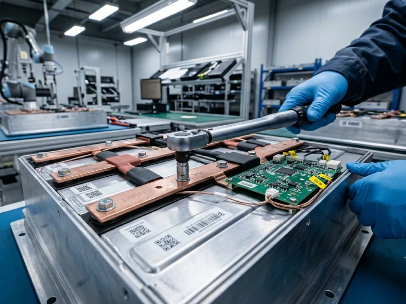 Automotive-grade LiFePO4 battery pack and BMS assembly inside ESS manufacturing facility