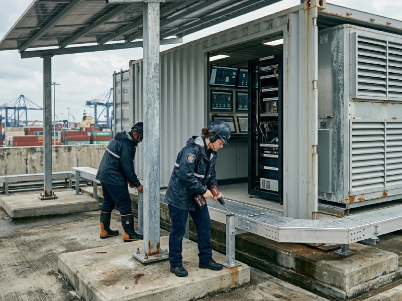 Coastal commercial ESS installation with corrosion-resistant off-grid solar battery infrastructure