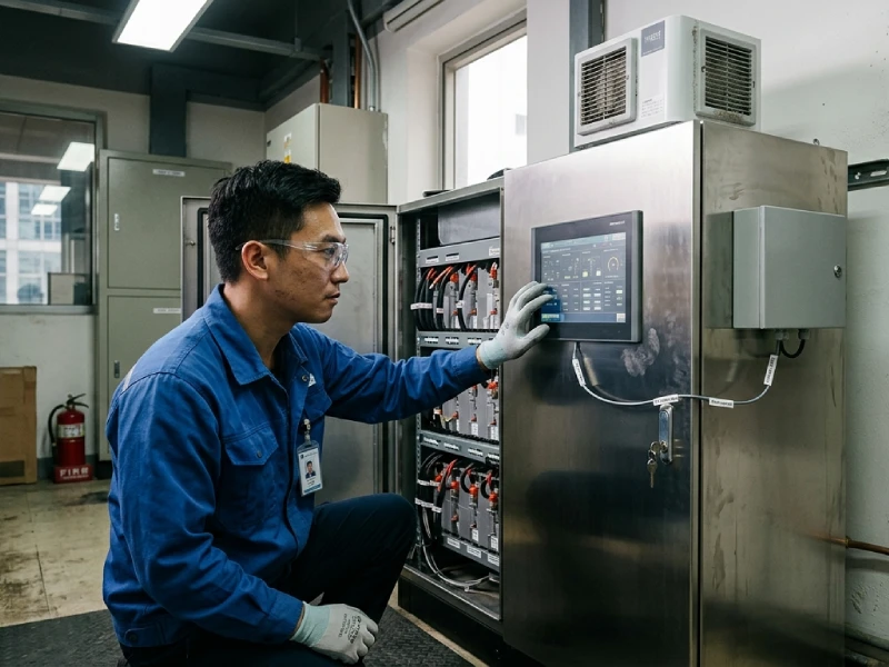 Commercial ESS cabinet with BMS monitoring during urban facility maintenance inspection