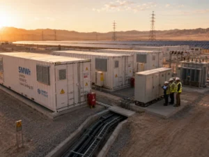 Commercial energy storage system operating in desert solar industrial park with utility-scale battery infrastructure