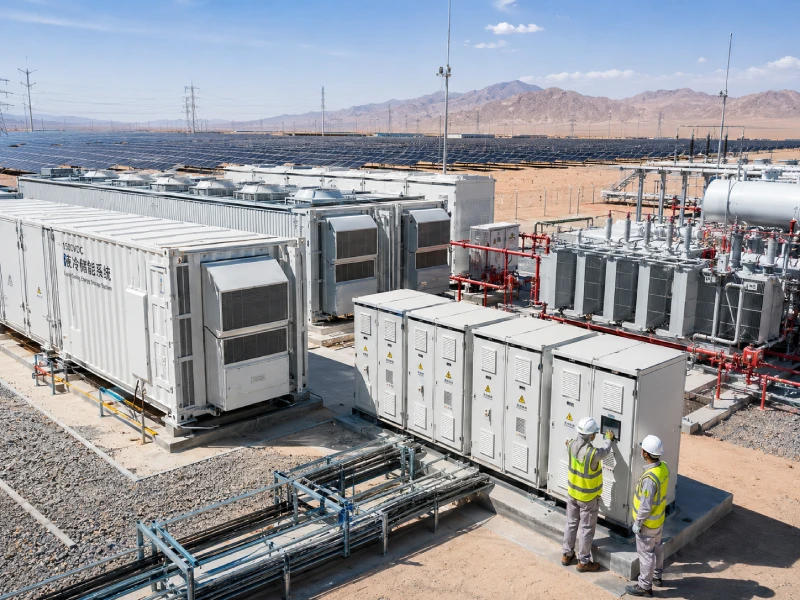 Utility-scale containerized ESS operating in desert solar farm with liquid cooling and thermal management