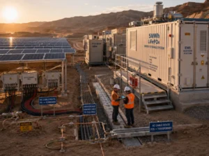 Commercial off-grid solar ESS with LiFePO4 battery storage powering remote industrial mining operations