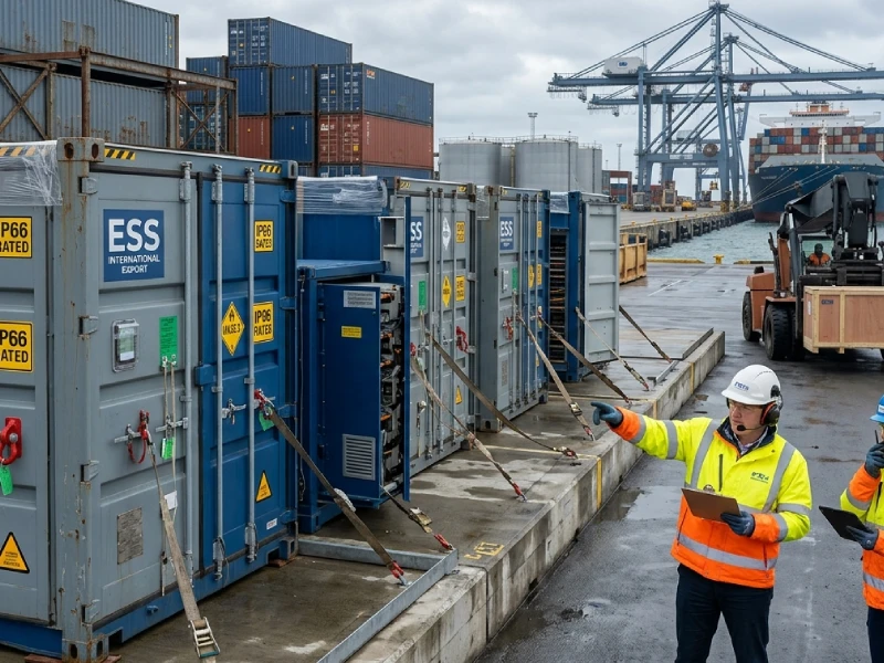 Containerized LiFePO4 ESS prepared for international export at industrial shipping port