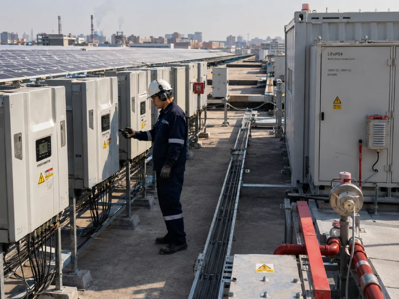 Commercial hybrid inverter and LiFePO4 ESS operating on industrial factory rooftop during peak manufacturing hours