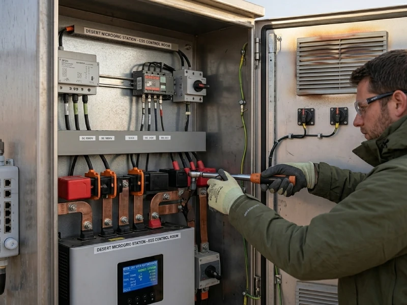 Hybrid off-grid solar ESS control system with LiFePO4 battery racks in desert microgrid station