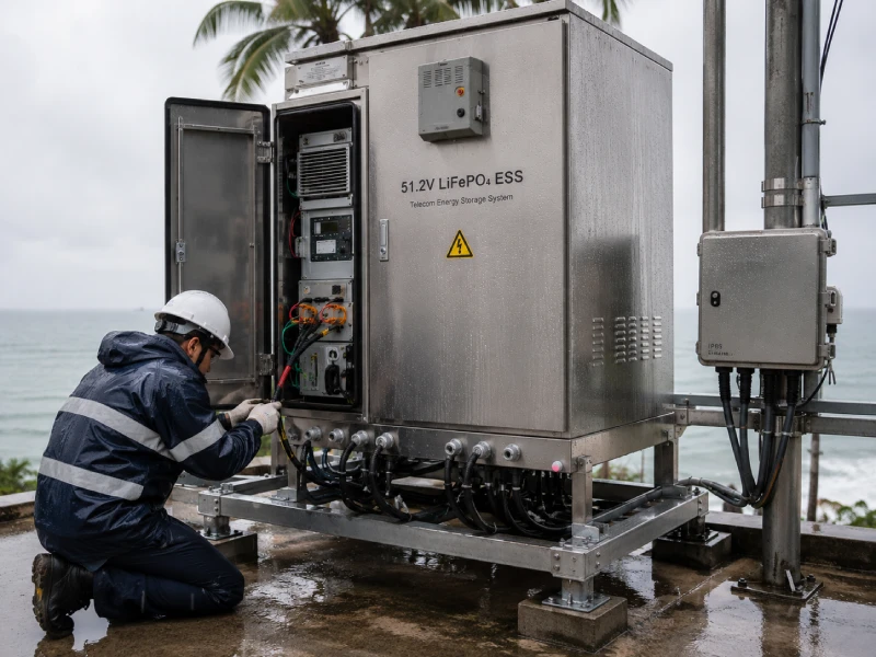 IP65 telecom lithium battery ESS installed in coastal high-humidity telecom infrastructure site