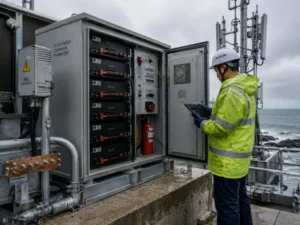 Commercial LiFePO4 telecom backup ESS operating in high-salt coastal industrial environment