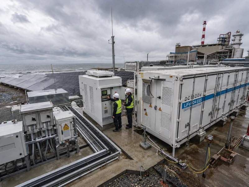 Off-grid industrial solar microgrid with LiFePO4 battery storage operating in coastal remote facility