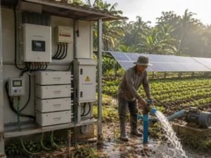 Standalone off-grid solar battery system powering agricultural irrigation in remote tropical farmland