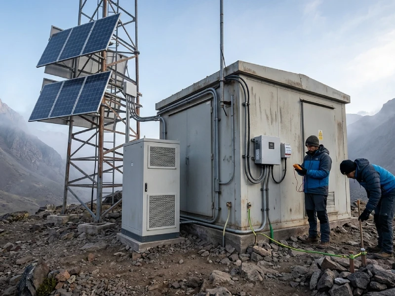 Off-grid telecom tower powered by solar and LiFePO4 battery storage in mountain environment