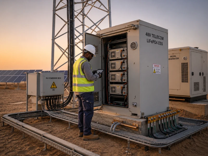 Hybrid telecom ESS system powering off-grid desert telecom tower with solar battery and diesel backup