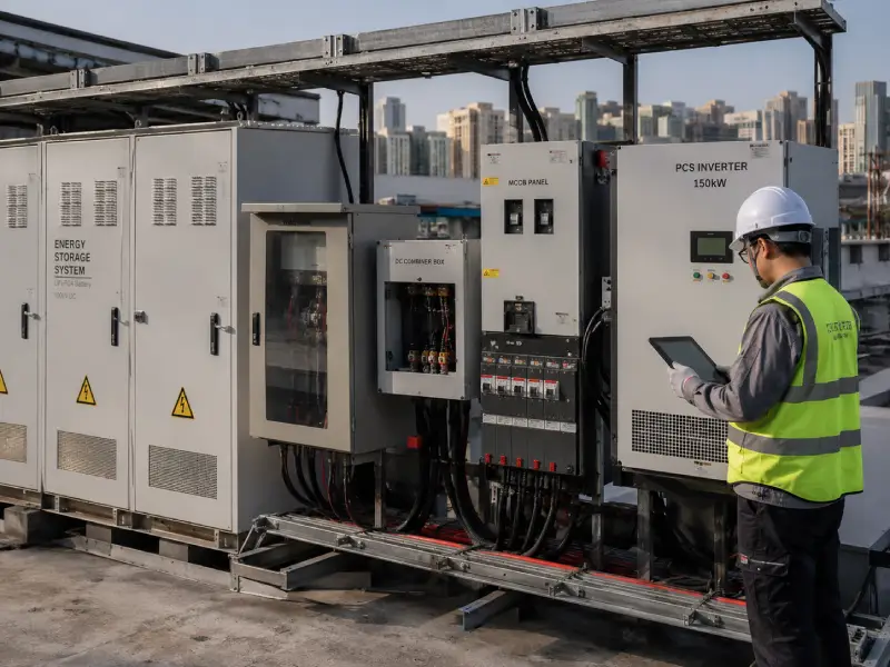 Commercial rooftop LiFePO4 BESS with EMS monitoring optimizing solar battery ROI in industrial zone