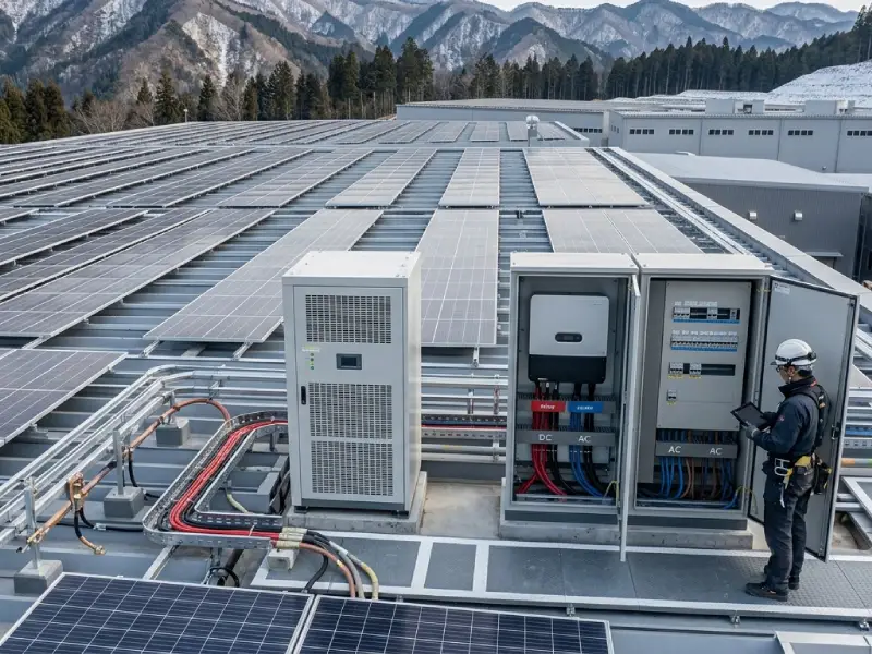 Commercial off-grid solar system with battery storage on industrial rooftop