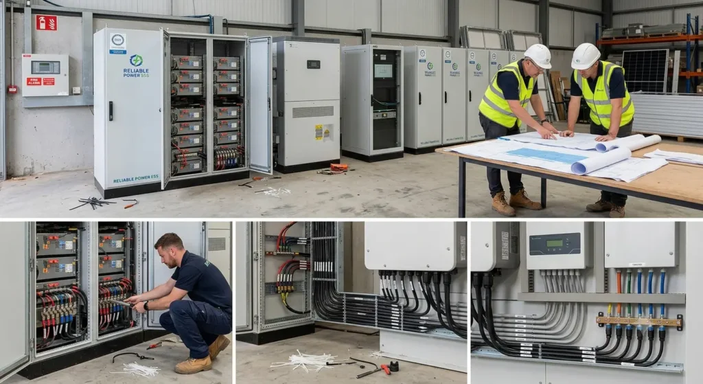 EPC engineers installing certified solar battery energy storage system equipment