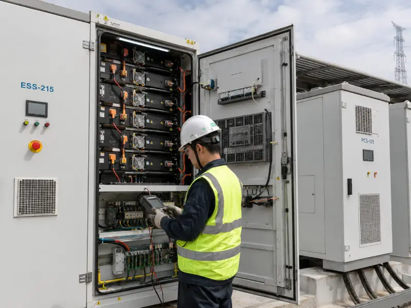 Commercial ESS battery cabinet with BMS safety system in industrial energy storage installation
