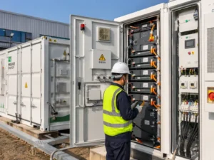 Commercial ESS battery cabinet with BMS safety system in industrial energy storage installation