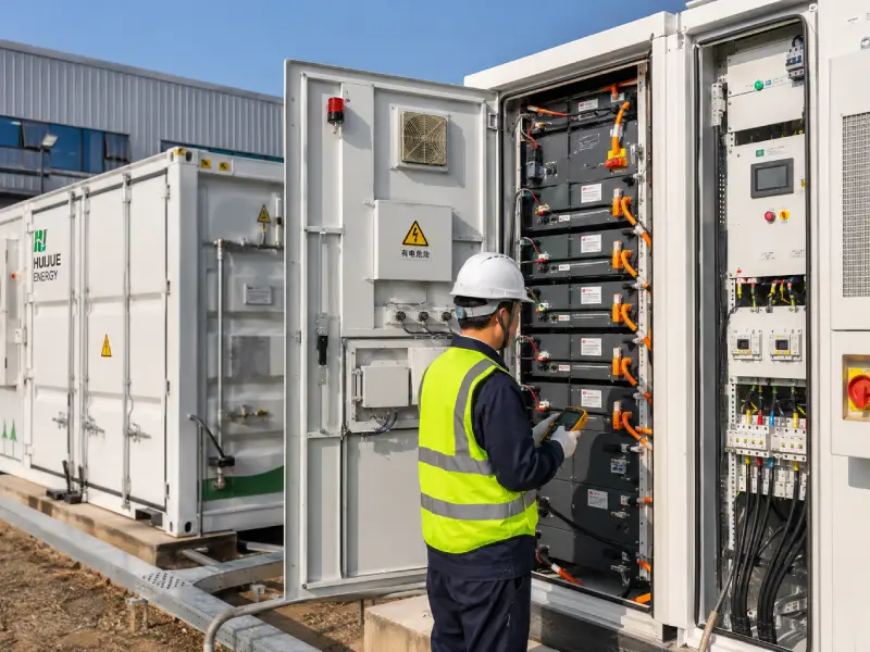 Commercial ESS battery cabinet with BMS safety system in industrial energy storage installation