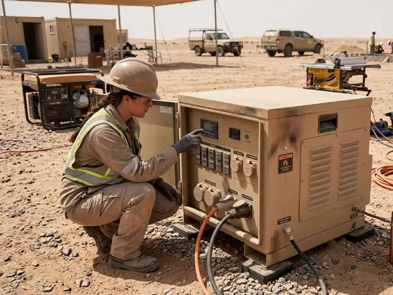 Engineer inspecting portable energy storage system safety and operation