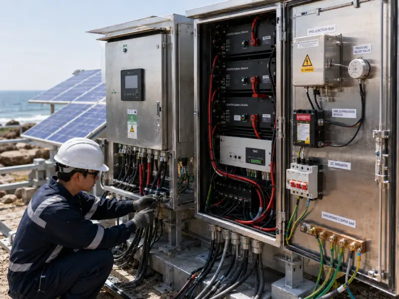 IP65 LiFePO4 battery storage system for coastal off-grid solar applications