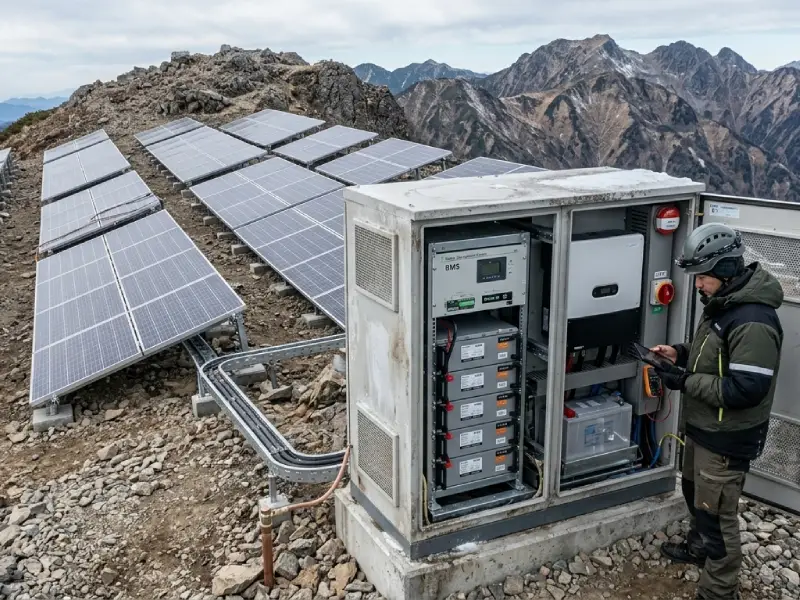 Mountain off-grid solar energy system with battery storage installation