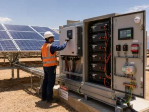Off-grid solar system with battery storage installed in a desert industrial environment