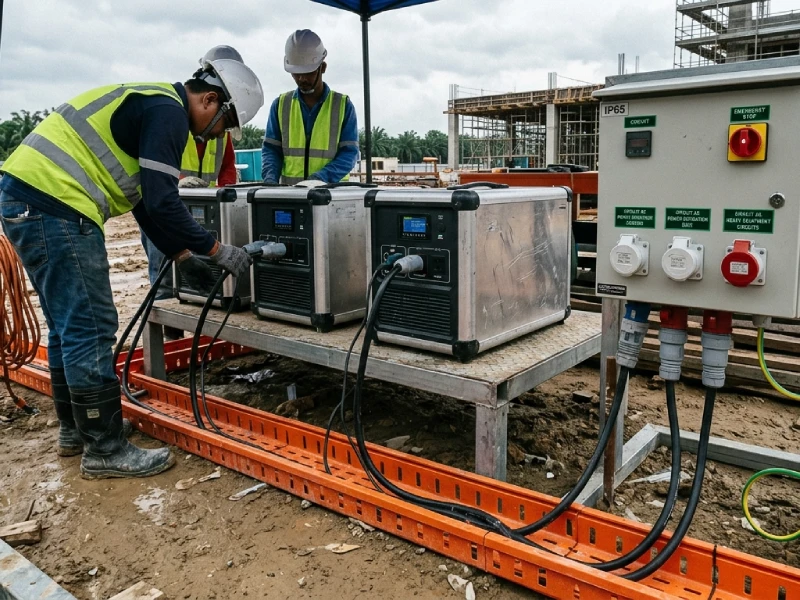 Portable power station providing temporary electricity at commercial construction site