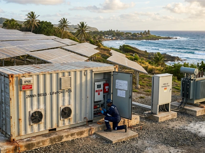 Island solar microgrid with battery storage providing reliable power for coastal community energy resilience