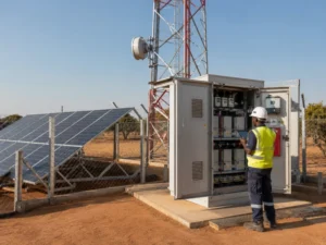 Off-grid telecom solar power system with LiFePO4 battery storage operating in a remote African communications site
