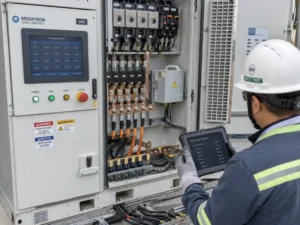 Commercial LiFePO4 ESS technician performing predictive battery maintenance using BMS monitoring system