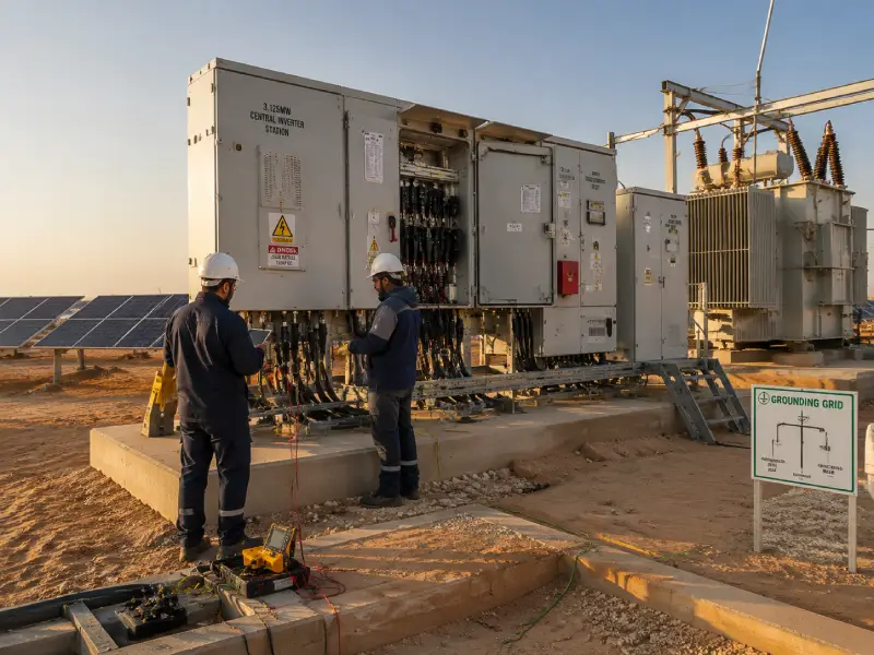 Utility-scale solar inverter commissioning in harsh desert environment with grid connection infrastructure.